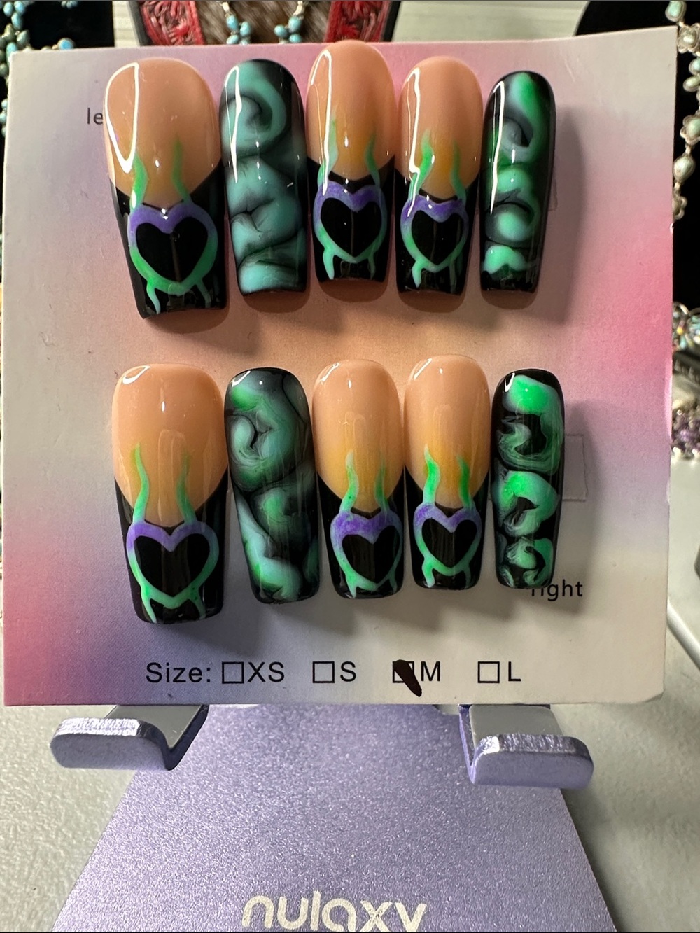 Green Marble Heart Press-On Nail Set — Nude & Green Accent